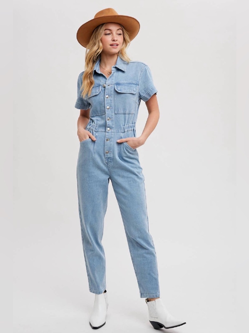 Denim Jumpsuit Button Front Short Sleeve Utility One Piece Light Wash